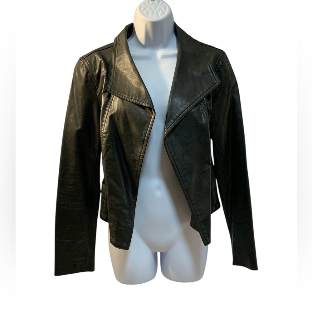 Joan Vass Black Faux Leather Drape Jacket